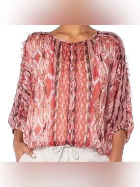 LIVERPOOL Women Top Sz M Pink Red Ruffled Chiffon Southwest Print Blouse Button
